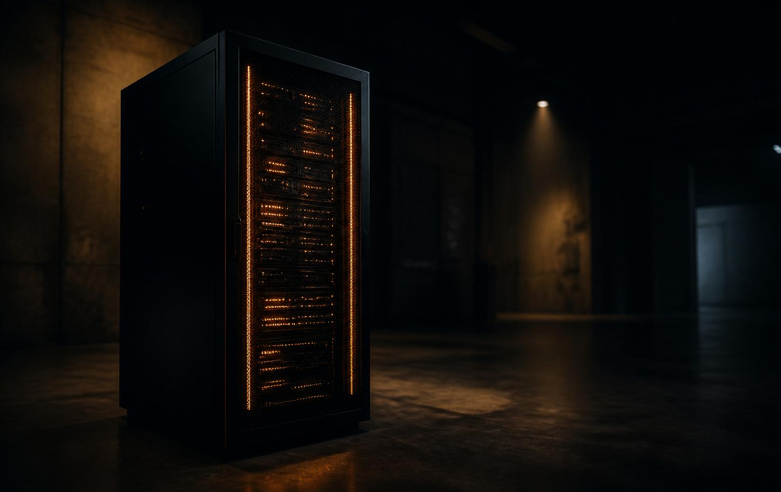 An isolated private server rack glowing amber in a darkened data hall — a visual metaphor for per-client sending infrastructure