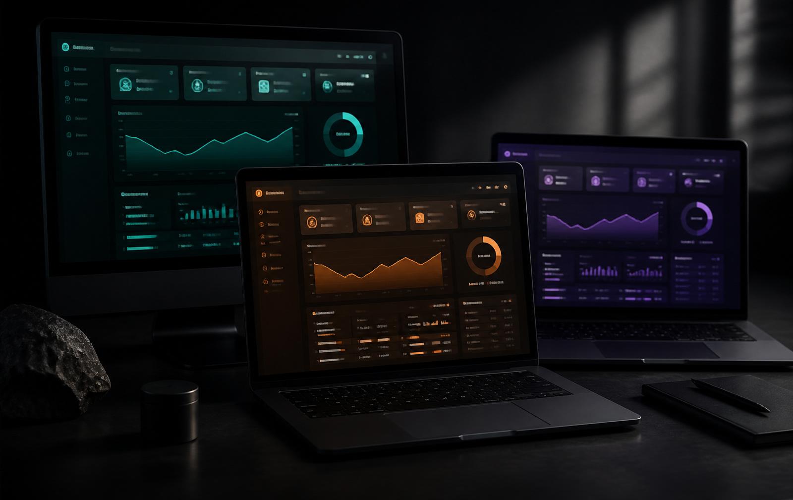 Three dashboards showing the same underlying platform in three different agency color schemes — teal, amber, and purple